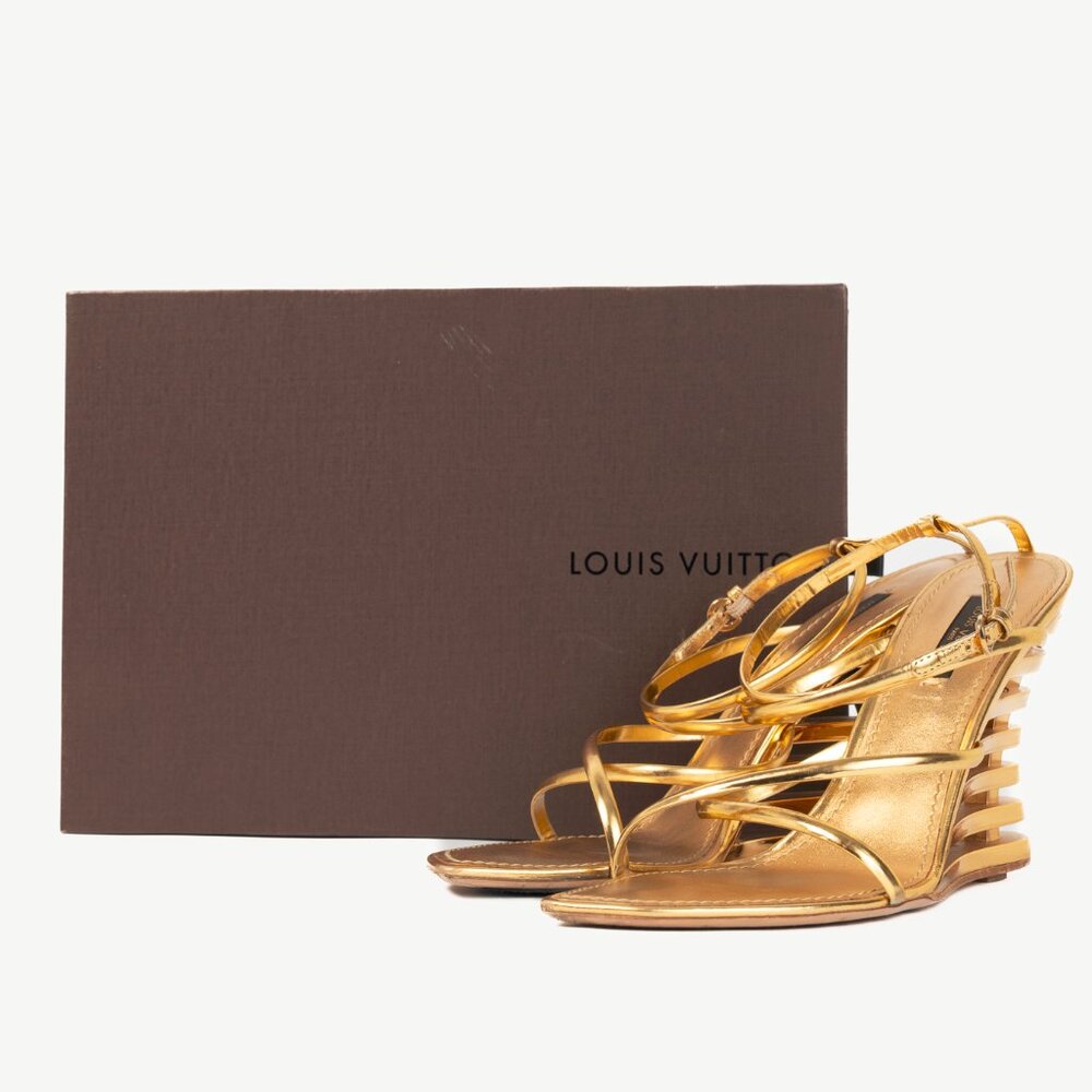 Louis Vuitton Lime Wedge Gold Leather Stepped-Heel Sandals - Picture 11 of 11